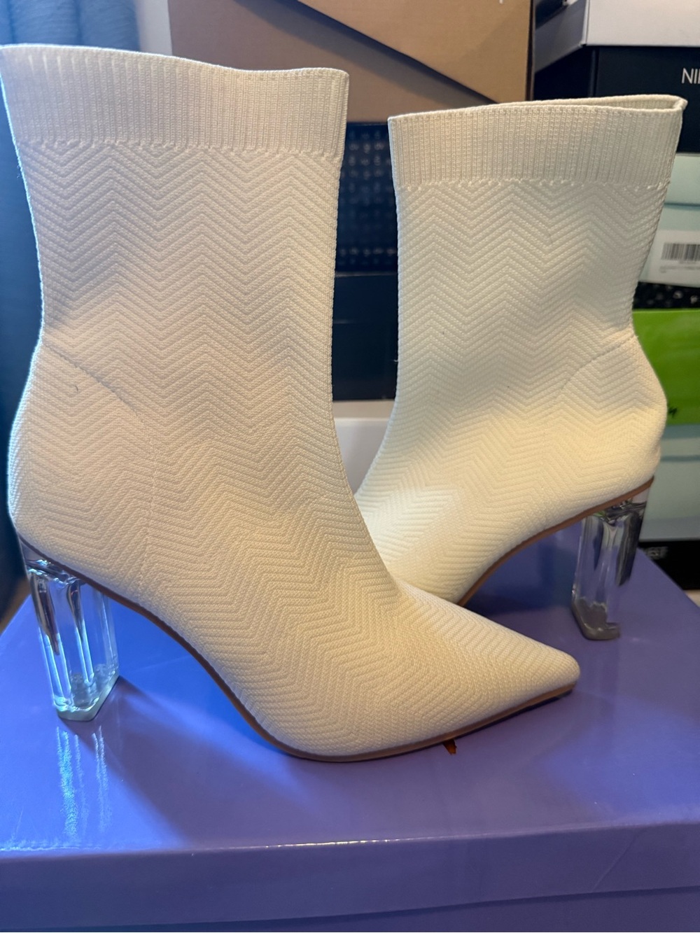 Women's Ivory Knit Sock Booties with Clear Block Heel